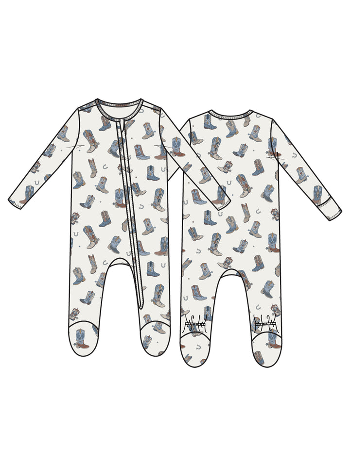Infant onesie with a cowboy boot and horseshoe pattern, front and back view, designed for western-themed fashion.