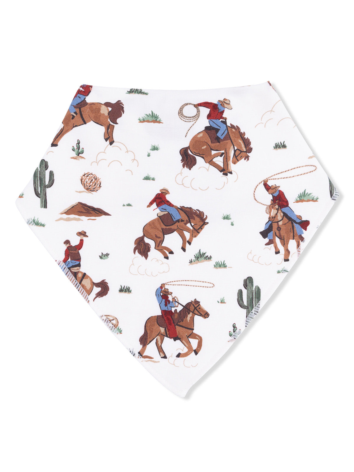 Bandana featuring cowboys on horseback with lassos and cacti on a white background.
