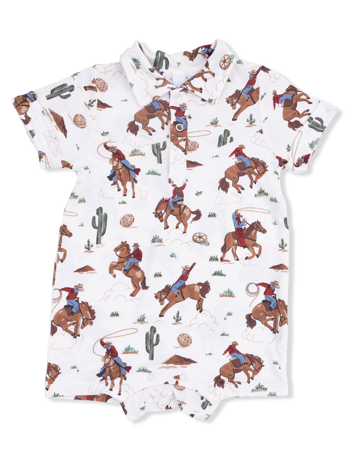 White polo onesie featuring cowboys riding horses and western motifs. Perfect for stylish infant wear.