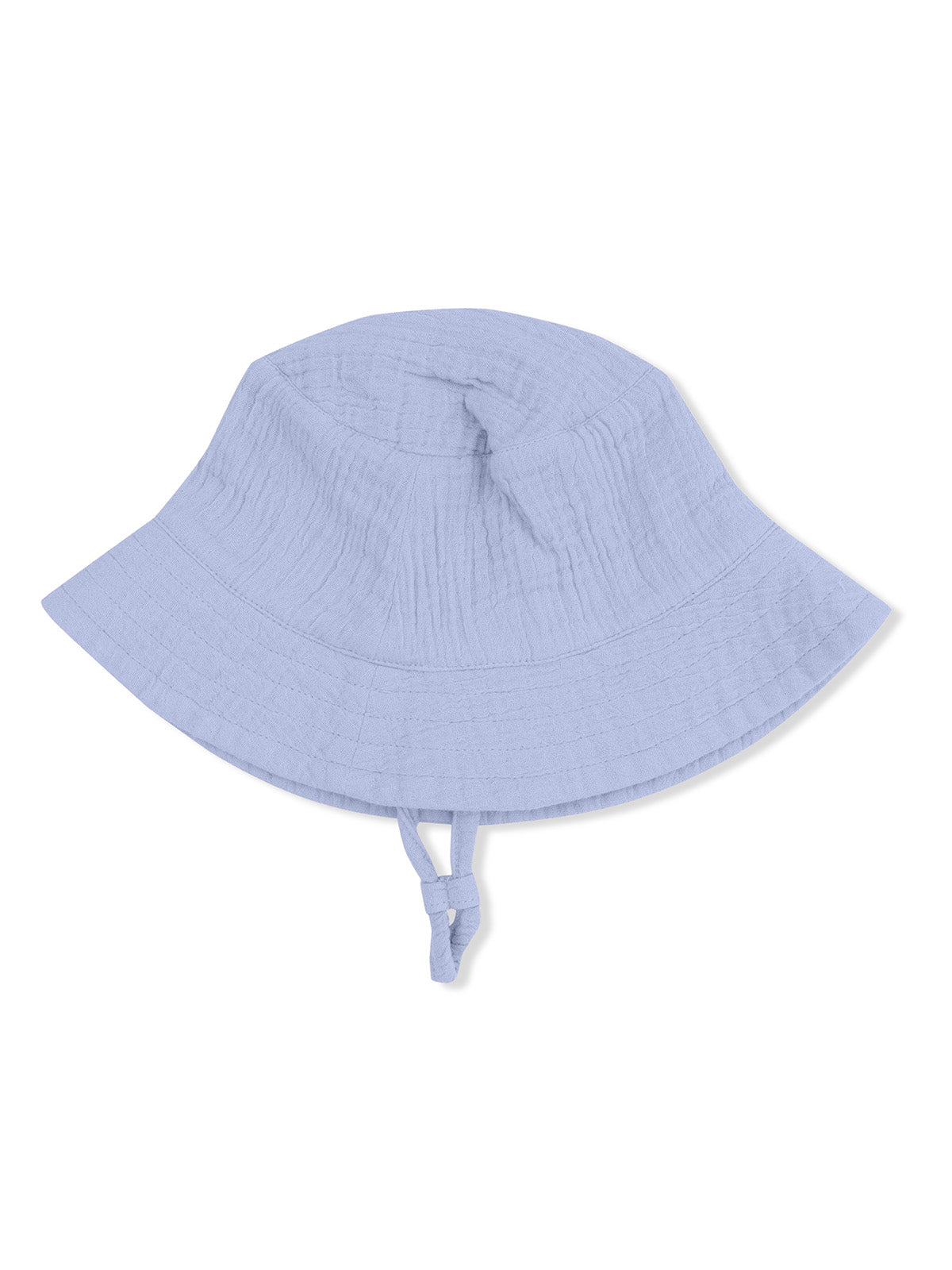 Light blue bucket hat with a wide brim and adjustable chin strap. Ideal for sun protection and outdoor activities.