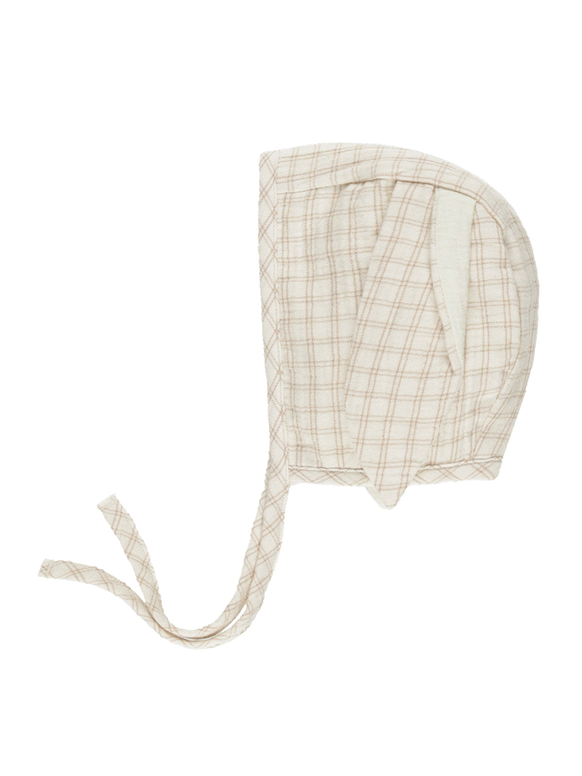 Beige plaid infant bonnet with ties, featuring a soft fabric and cute design. Ideal for baby outfits and photos.