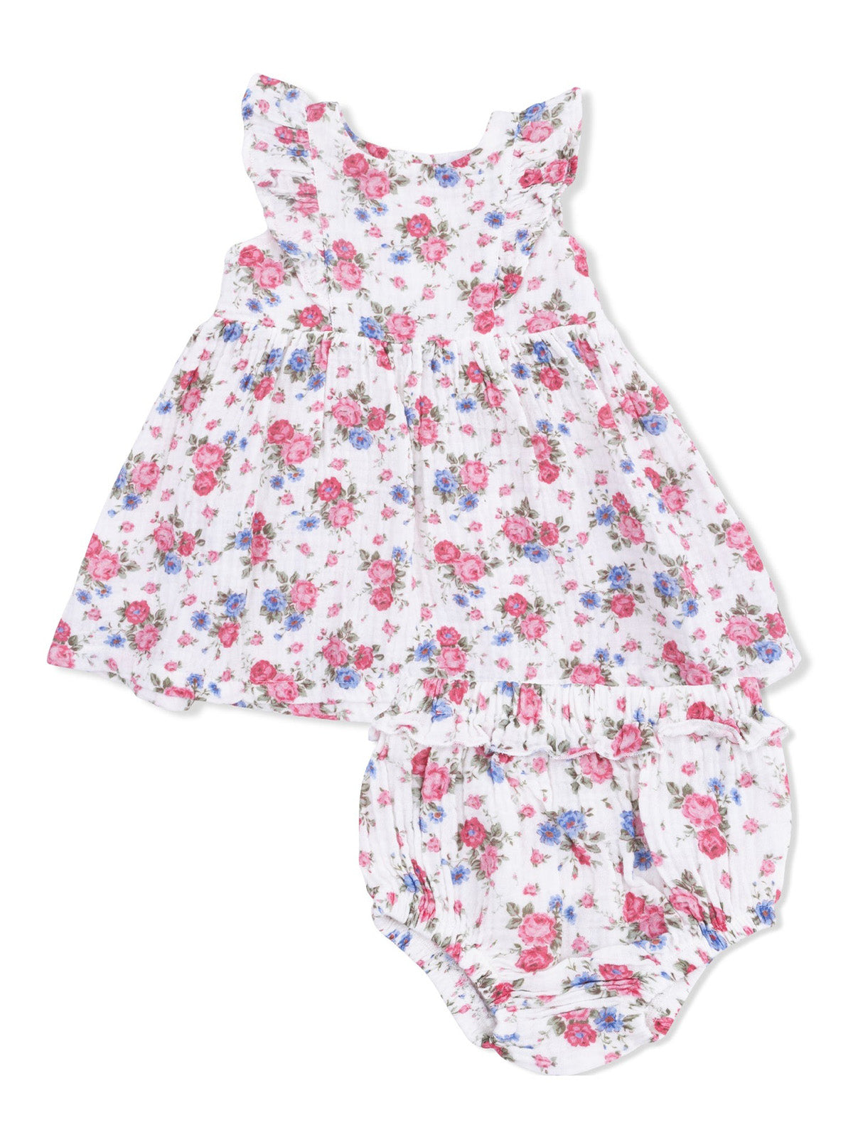 Floral baby dress and matching bloomers with ruffled sleeves in pink, blue, and white. Ideal for warm weather.