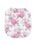 Floral baby bib with pink roses on a white striped background, featuring snap closures at the top.