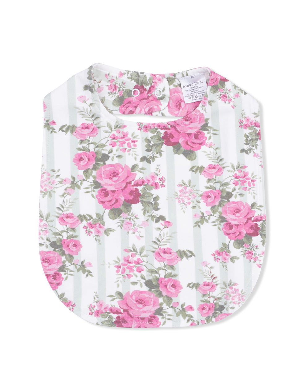 Floral baby bib with pink roses on a white striped background, featuring snap closures at the top.