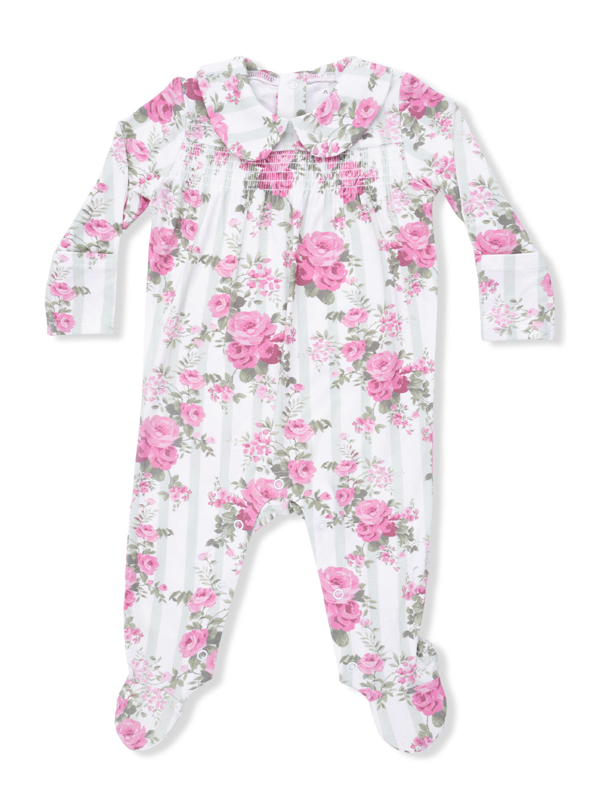 Floral baby onesie in pink and white stripes with long sleeves and a ruffled collar.