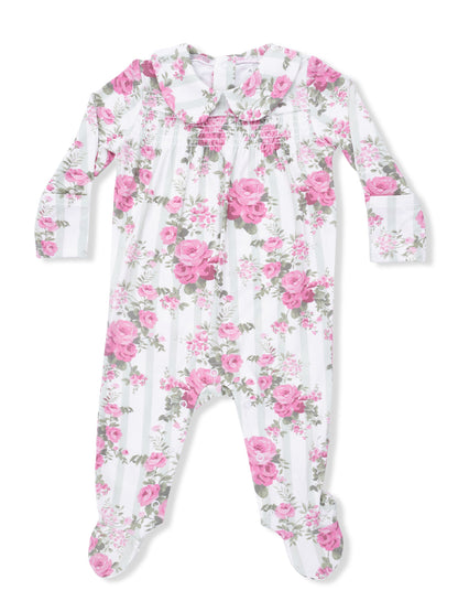 Floral baby onesie in pink and white stripes with long sleeves and a ruffled collar.