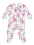 Floral baby onesie in pink and white stripes with long sleeves and a ruffled collar.