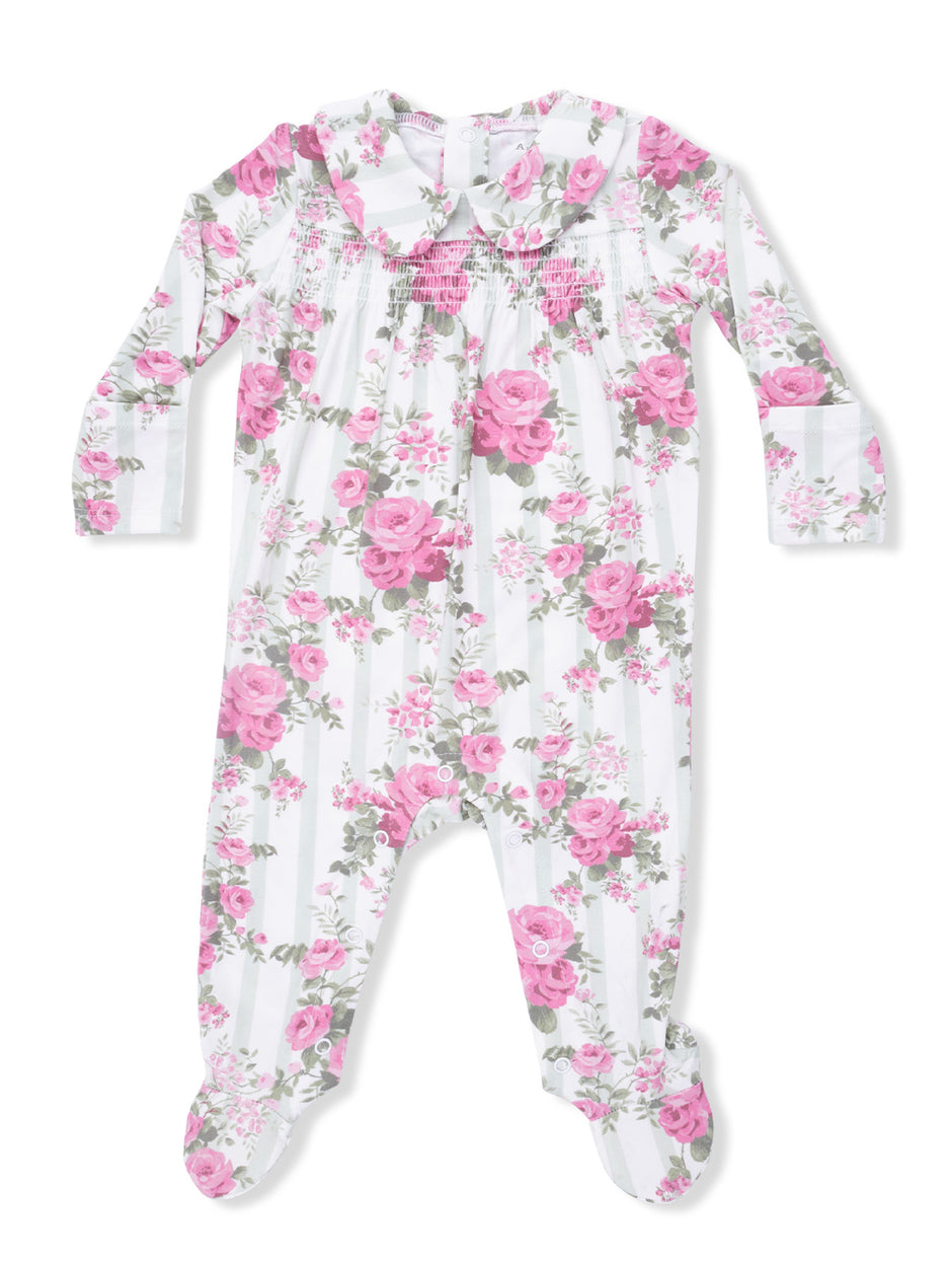 Floral baby onesie in pink and white stripes with long sleeves and a ruffled collar.