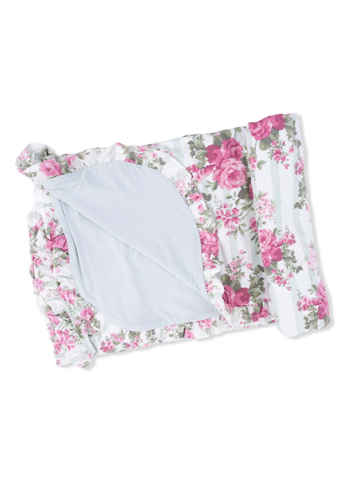 Floral-patterned bedding with pink and green roses on a white background, featuring a light blue inner layer.