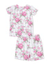 Floral print pajama set featuring a short-sleeve top and shorts with pink and gray roses on a striped background.