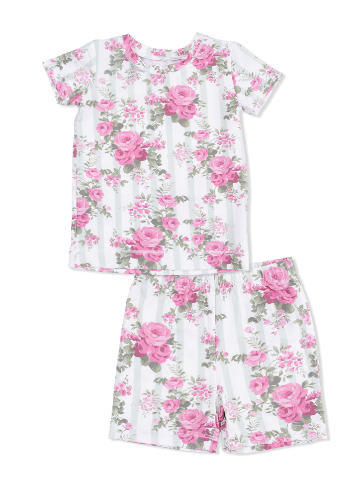 Floral print pajama set featuring a short-sleeve top and shorts with pink and gray roses on a striped background.