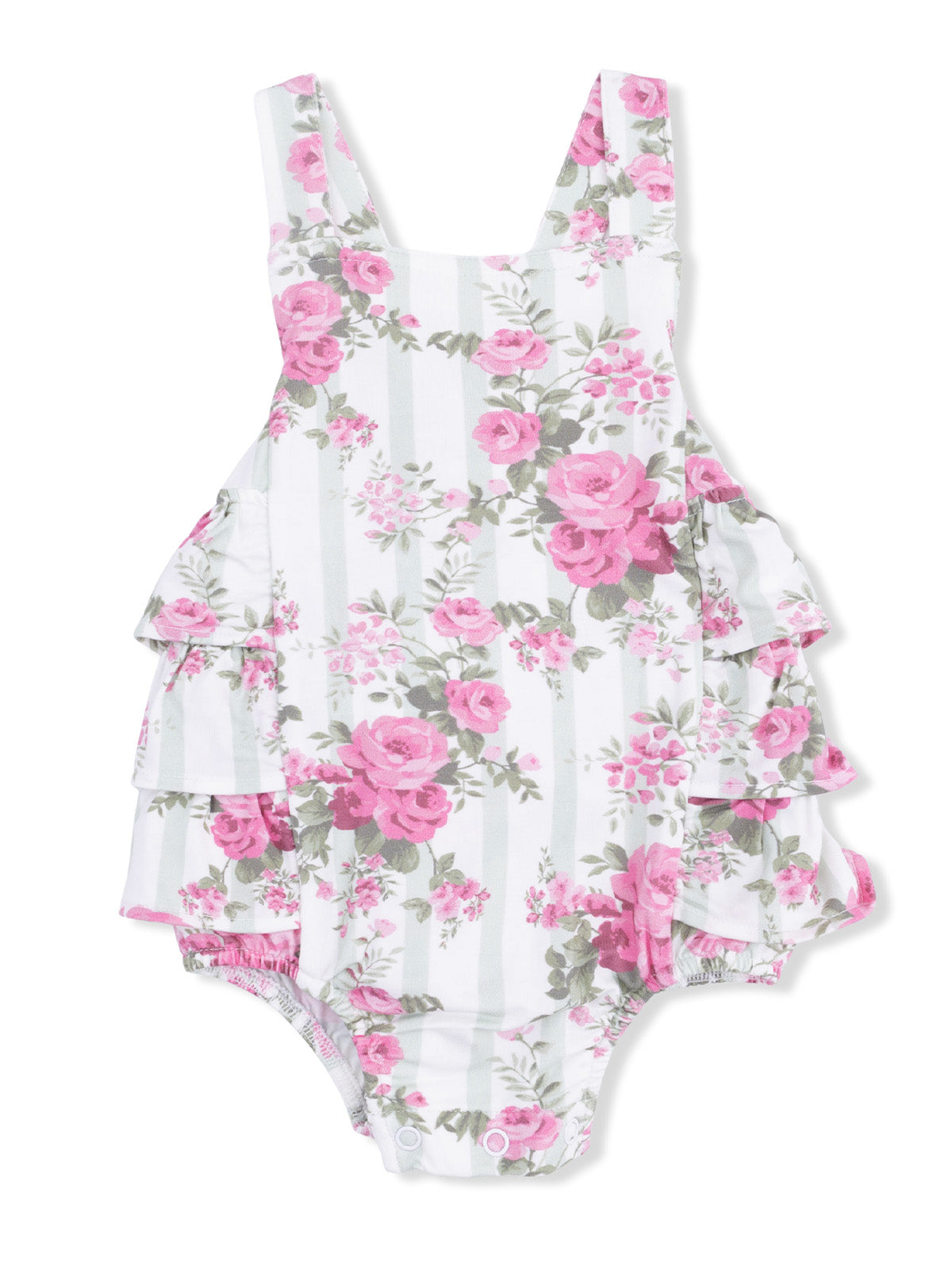 Floral print ruffled toddler romper in pink and white stripes. Ideal for summer outfits and playful style.