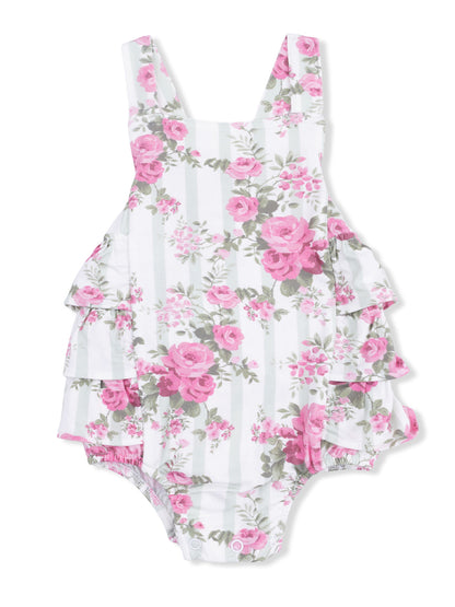 Floral print ruffled toddler romper in pink and white stripes. Ideal for summer outfits and playful style.