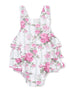 Floral print ruffled toddler romper in pink and white stripes. Ideal for summer outfits and playful style.