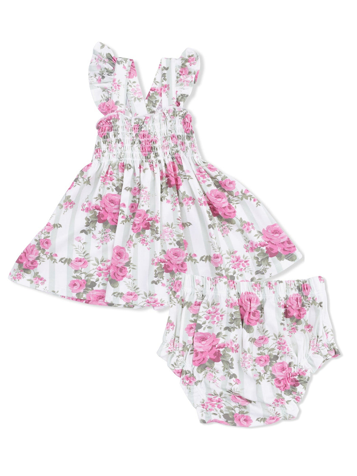 Floral toddler dress set with ruffled straps and matching bloomers in pink and white stripes.
