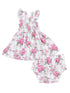 Floral toddler dress set with ruffled straps and matching bloomers in pink and white stripes.