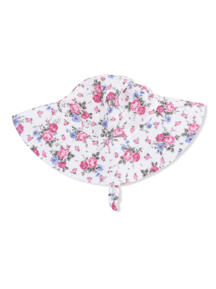 Floral sun hat with a wide brim, featuring pink and blue flowers on a white background. Ideal for sun protection.