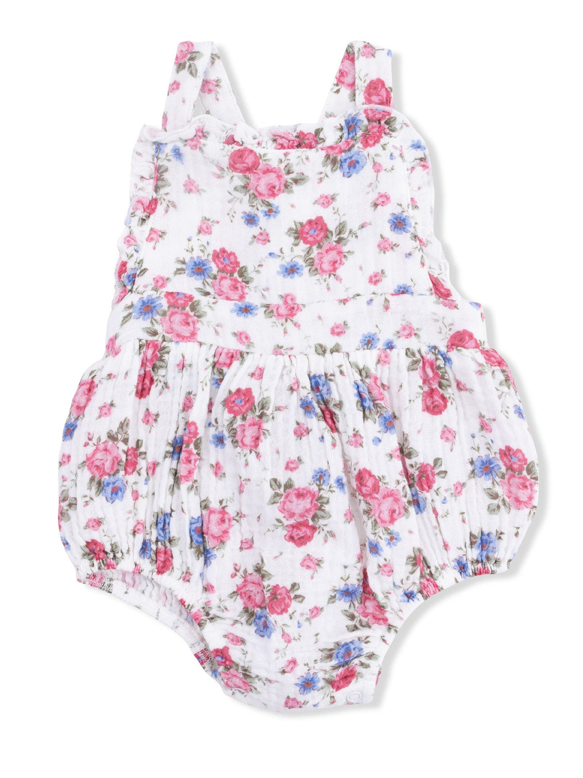 Floral baby romper with pink and blue flowers on a white background, featuring straps and a gathered bottom.