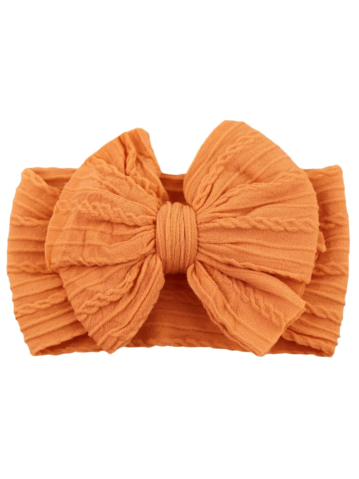 Orange fabric headband with a large bow, featuring textured pleats for added detail.