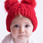 Cable Knit Double Fur Pom Hat, Red