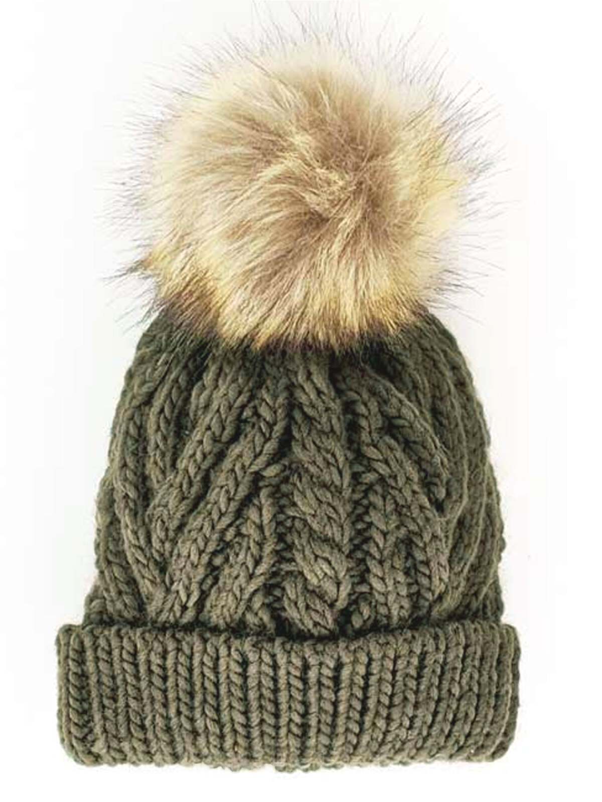 Olive green knitted beanie with a fluffy beige pom-pom on top.