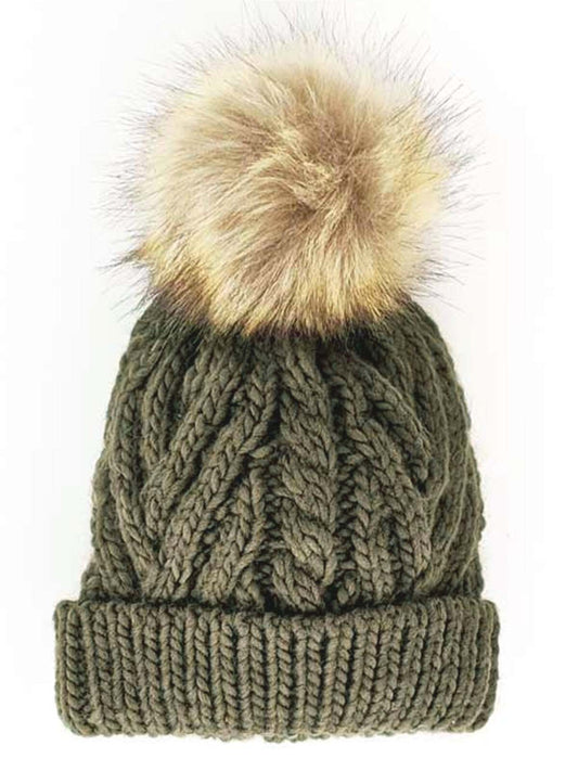 Cable Knit Fur Pom Hat, Loden