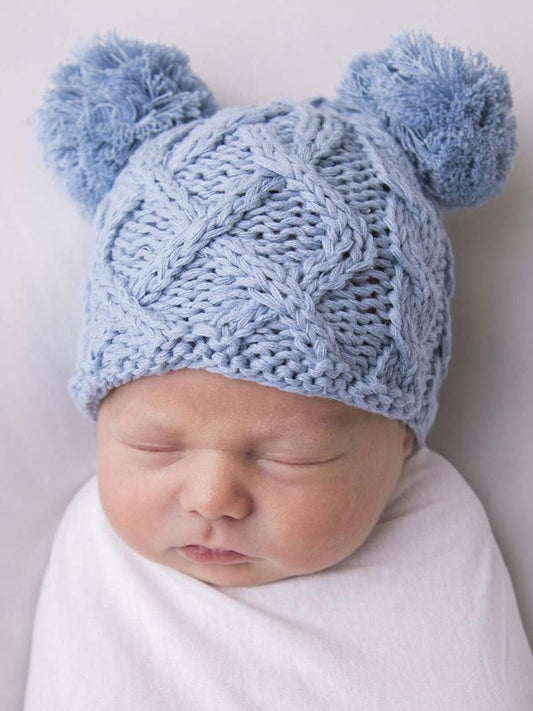 Cable Knit Newborn Pom Hat, Chambray