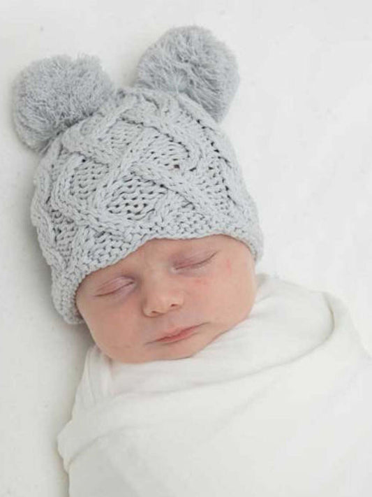 Cable Knit Newborn Pom Hat, Grey