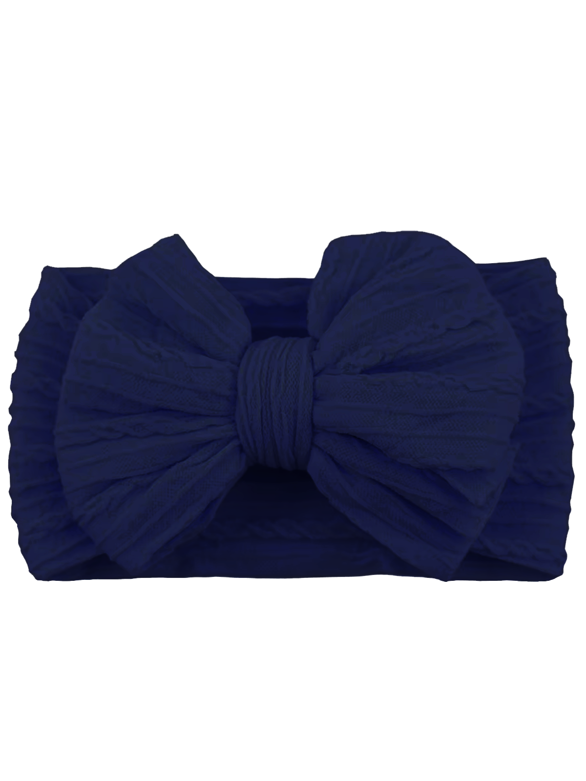 Navy blue headband with a large, textured bow in the center, perfect for fashion accessories.