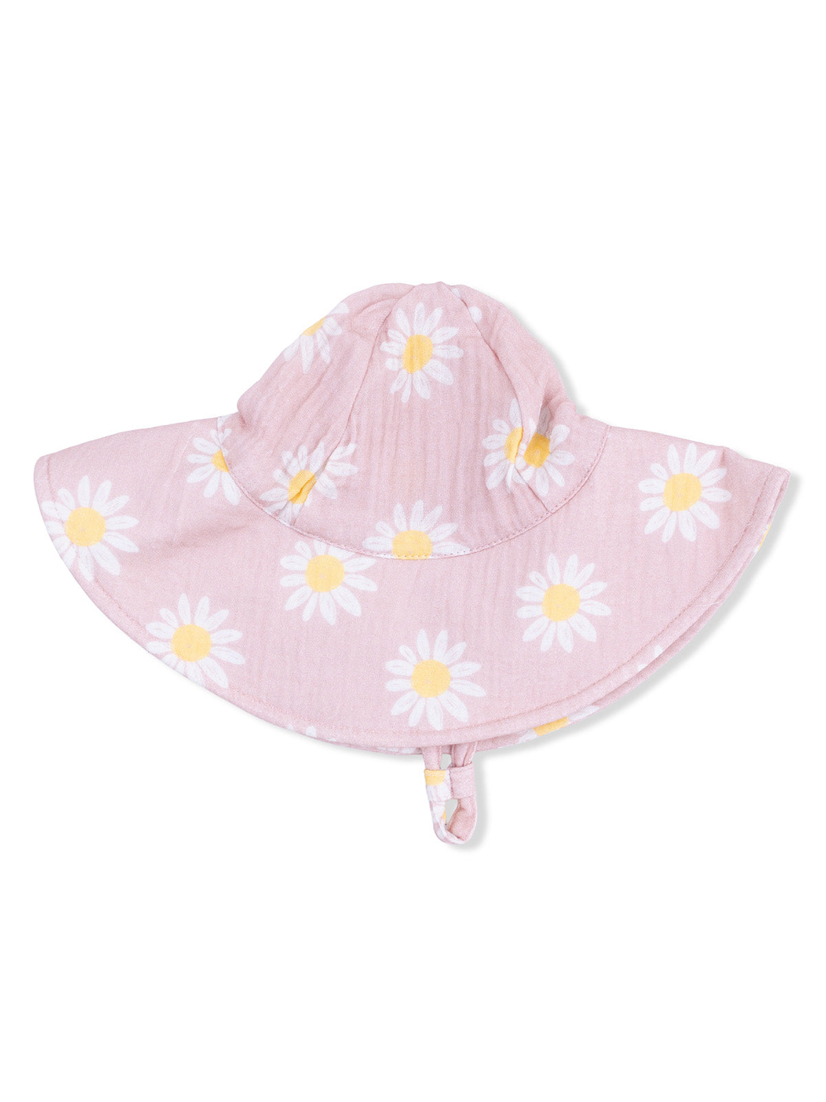 Pink sun hat with white and yellow daisies, featuring a wide brim and adjustable chin strap.