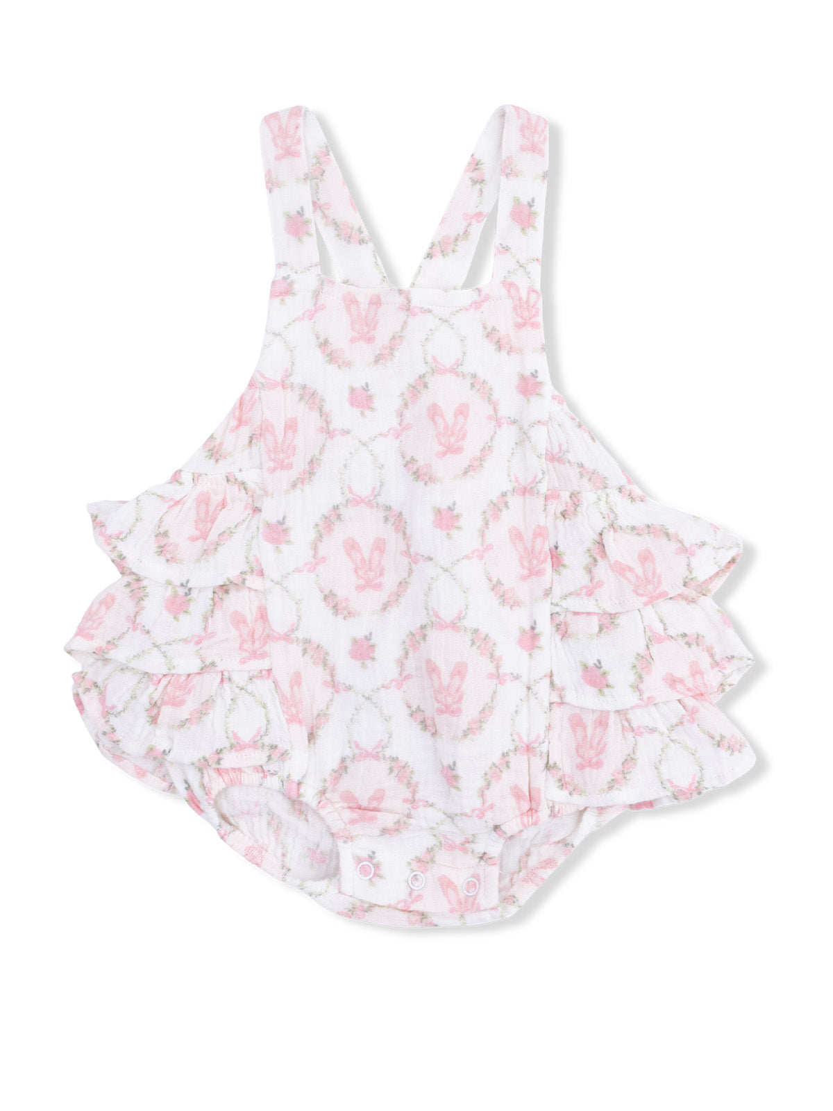 White baby romper with pink bunny pattern and frilled layers, ideal for spring or summer wear.