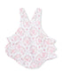 White baby romper with pink bunny pattern and frilled layers, ideal for spring or summer wear.
