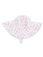 White sun hat with pink bunny and floral pattern, featuring a wide brim and chin strap.
