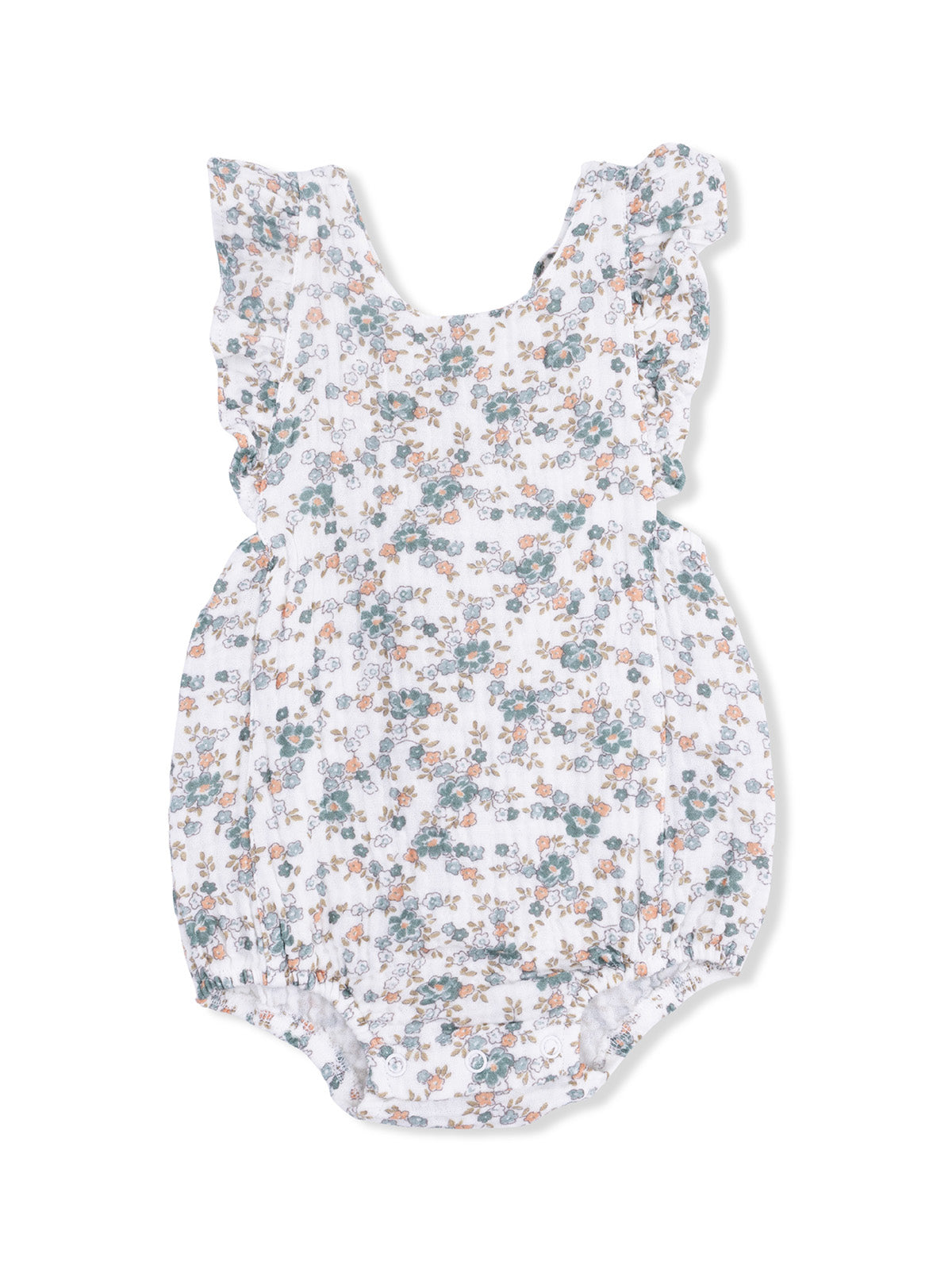 Floral romper with ruffled sleeves, featuring a white background and colorful flower patterns.