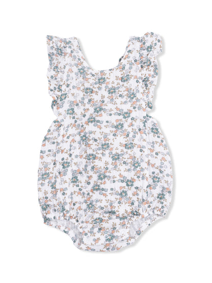 Floral romper with ruffled sleeves, featuring a white background and colorful flower patterns.