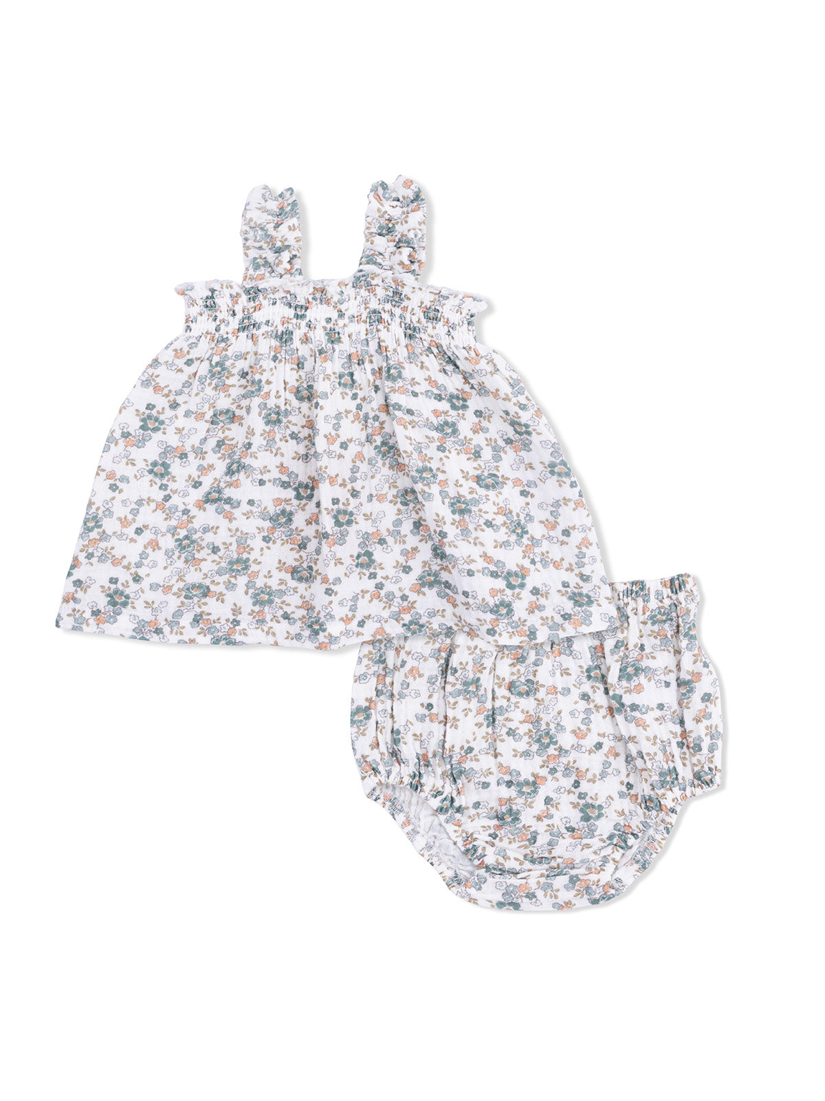Floral infant outfit featuring a smocked top and coordinating bloomers in soft pastel colors.