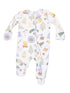 White baby onesie featuring a camping theme with bears, trees, tents, and outdoor icons, zip-up front design.