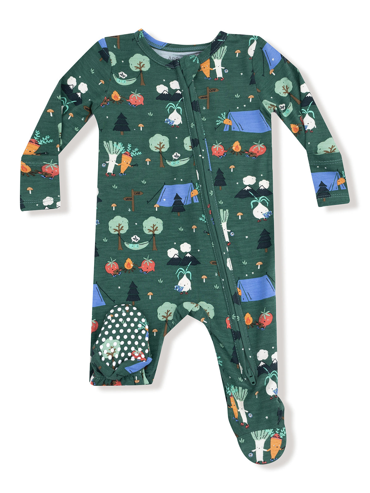 Green baby onesie featuring a whimsical camping and vegetable print with long sleeves and a front zipper.