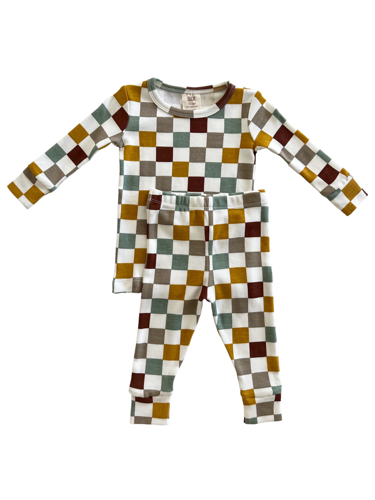 Multicolored checkered pajama set for kids, featuring a long-sleeve top and matching pants.