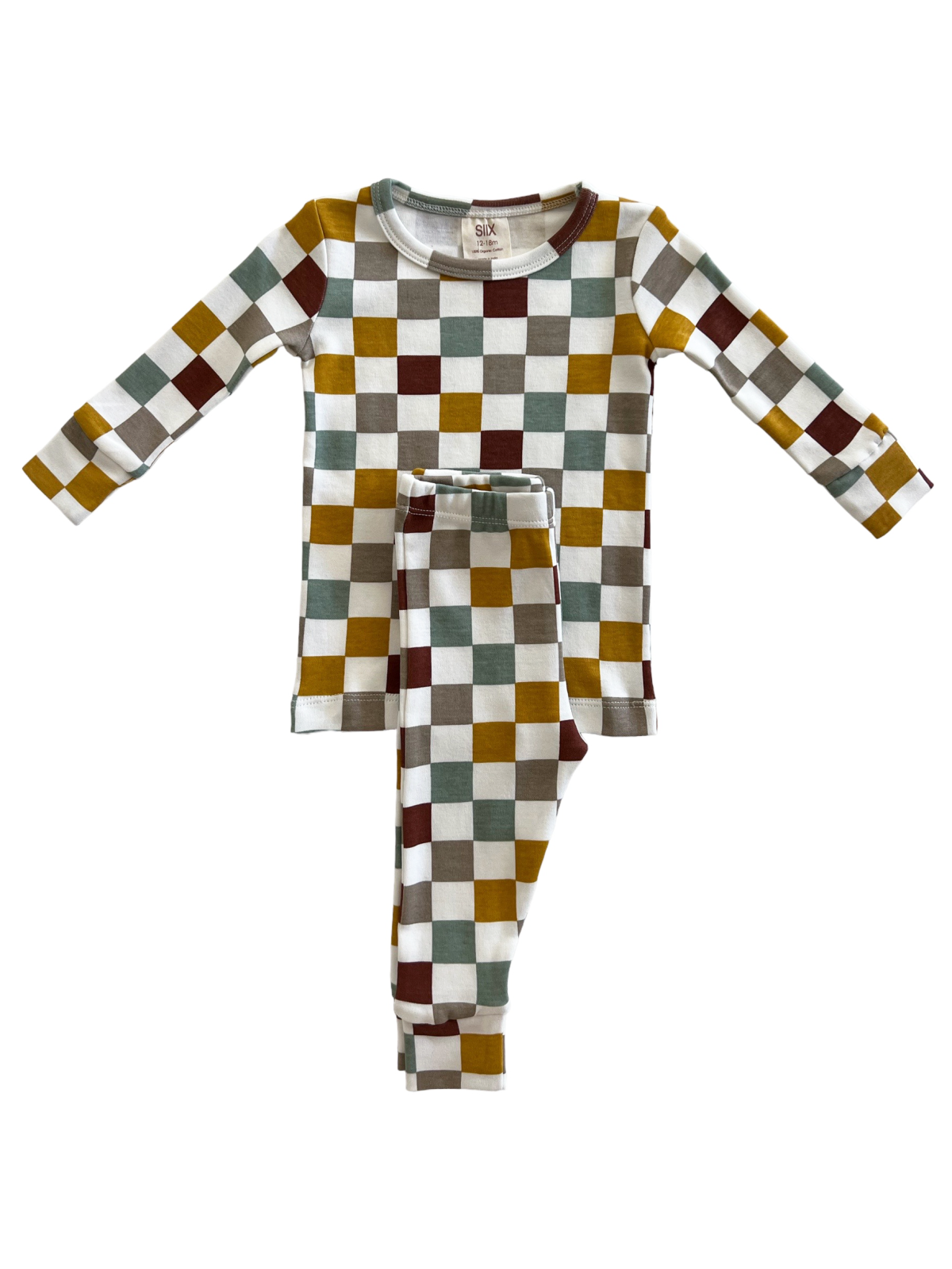 Colorful checkered children’s pajama set featuring long sleeves and pants in various earthy tones.