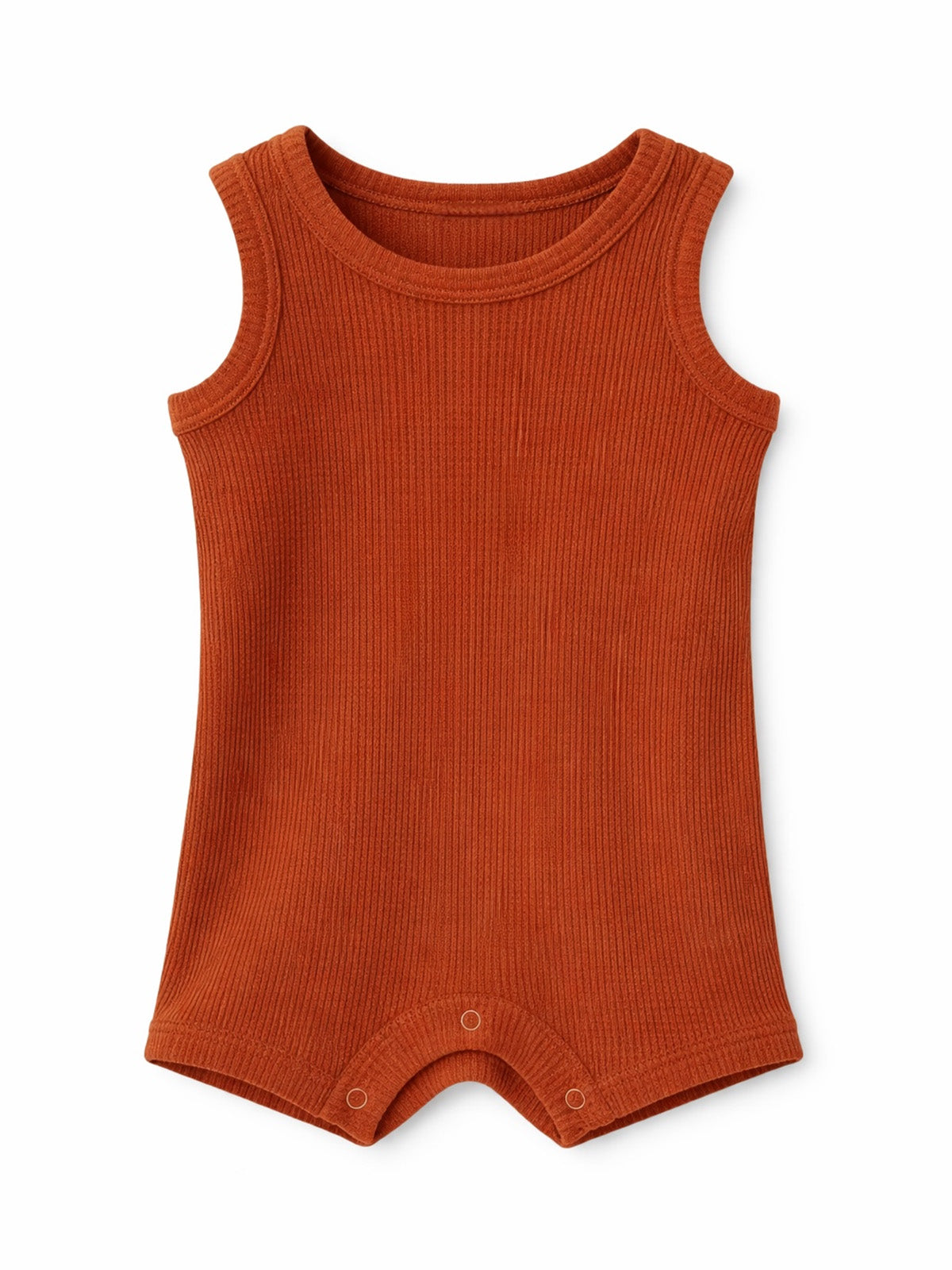 Orange ribbed baby romper with sleeveless design and snap buttons at the bottom.