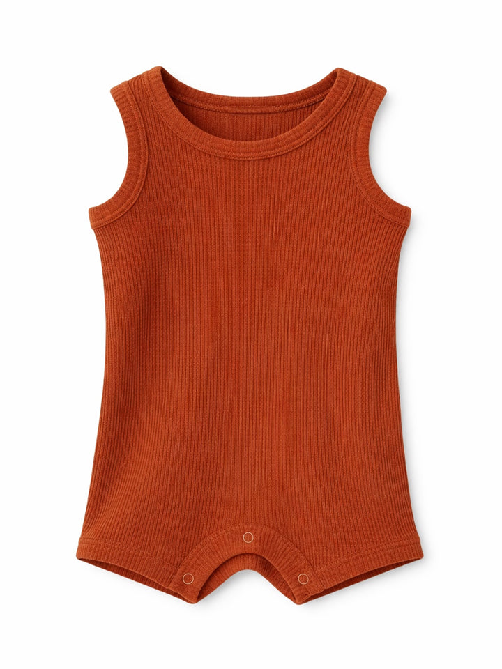 Orange ribbed baby romper with sleeveless design and snap buttons at the bottom.