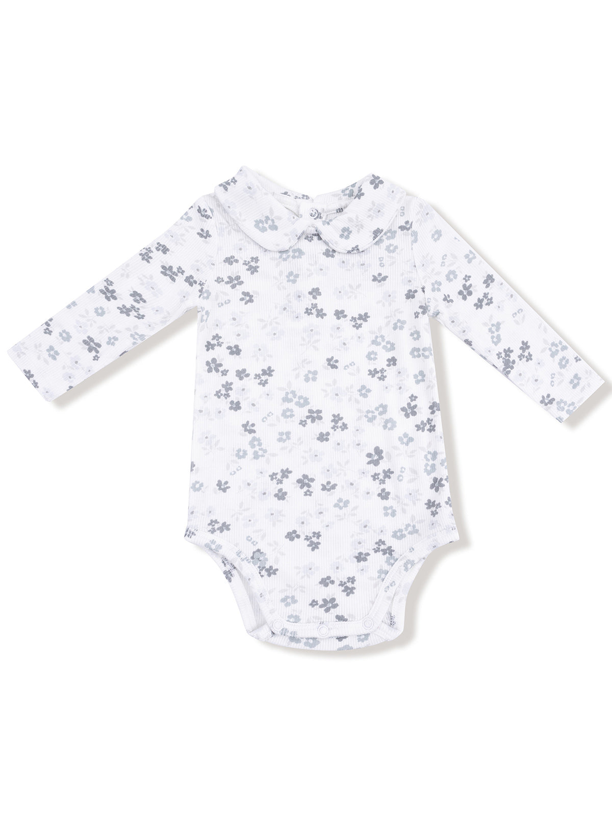 White long-sleeve baby onesie with grey floral print and a collar. Perfect for infants and toddlers.