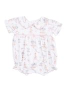 Baby romper with a carousel print, pastel colors, and a Peter Pan collar. Soft, short sleeves for comfort.