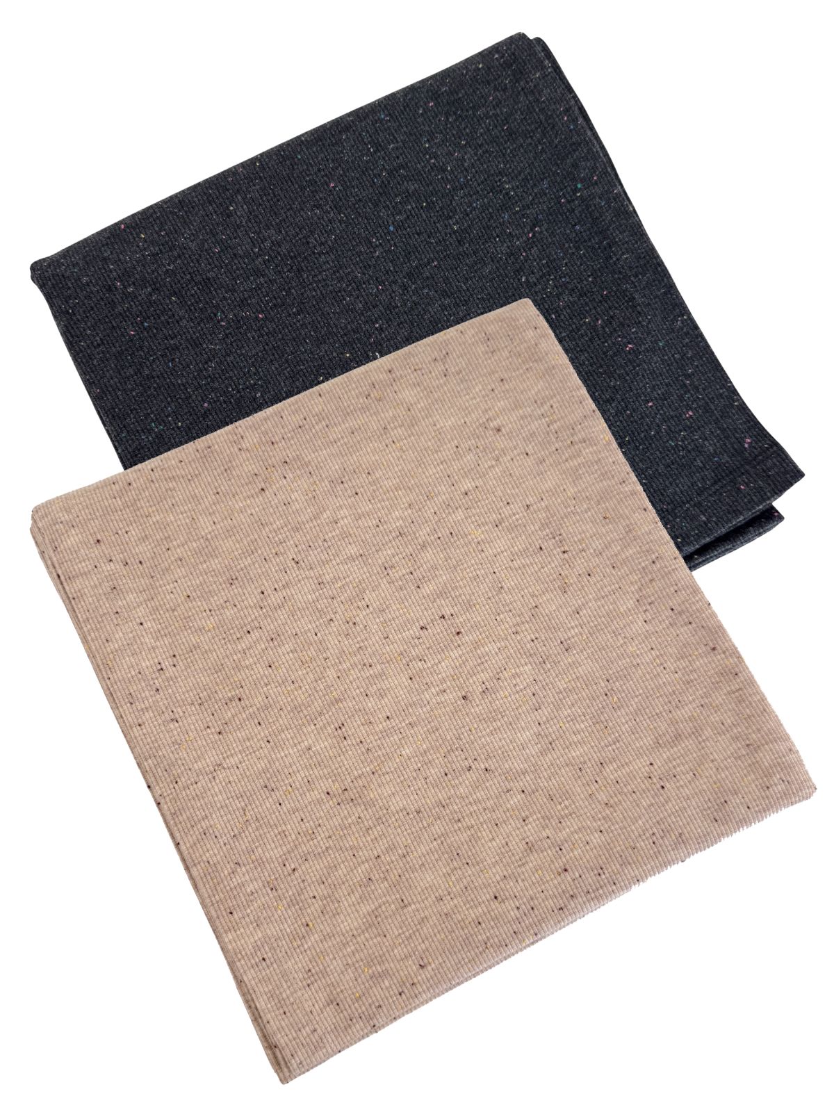 Two textured fabric pieces, one dark gray and one tan, stacked neatly with colorful speckles throughout.