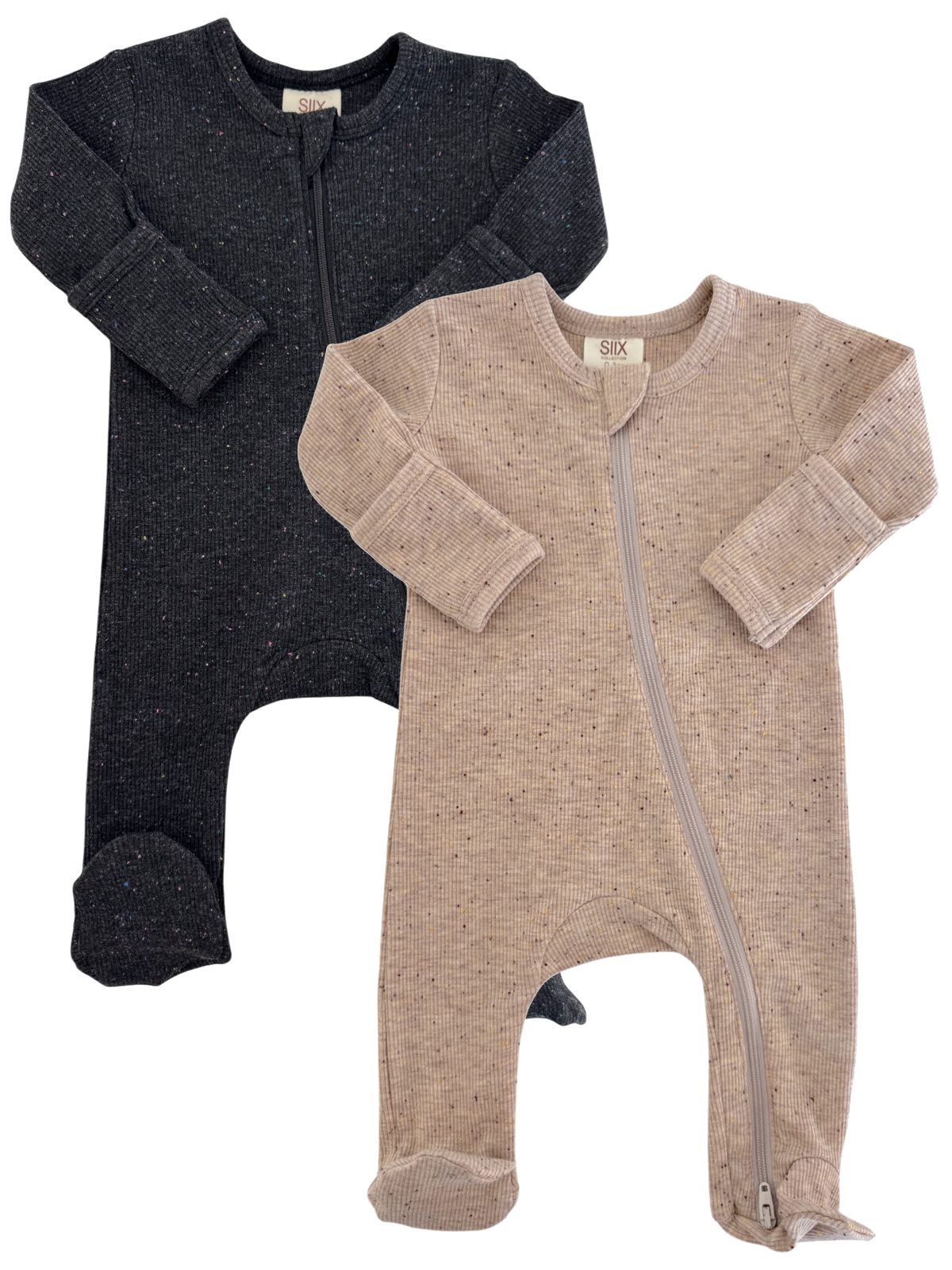 Two children’s onesies in black and beige, featuring soft fabric and front zippers for easy wear.