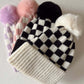 Checkerboard Fur Pom Hat, Black