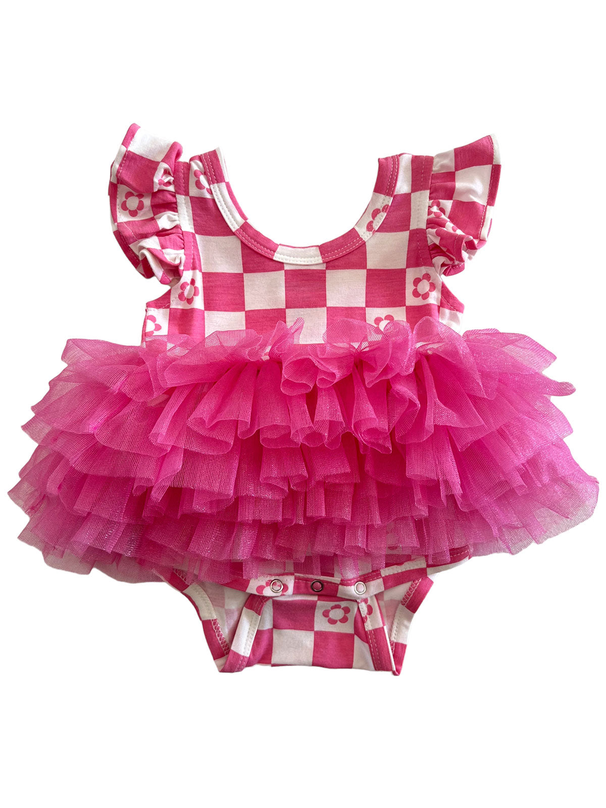 Pink checkered baby dress with ruffled tulle skirt and floral accents, perfect for special occasions.