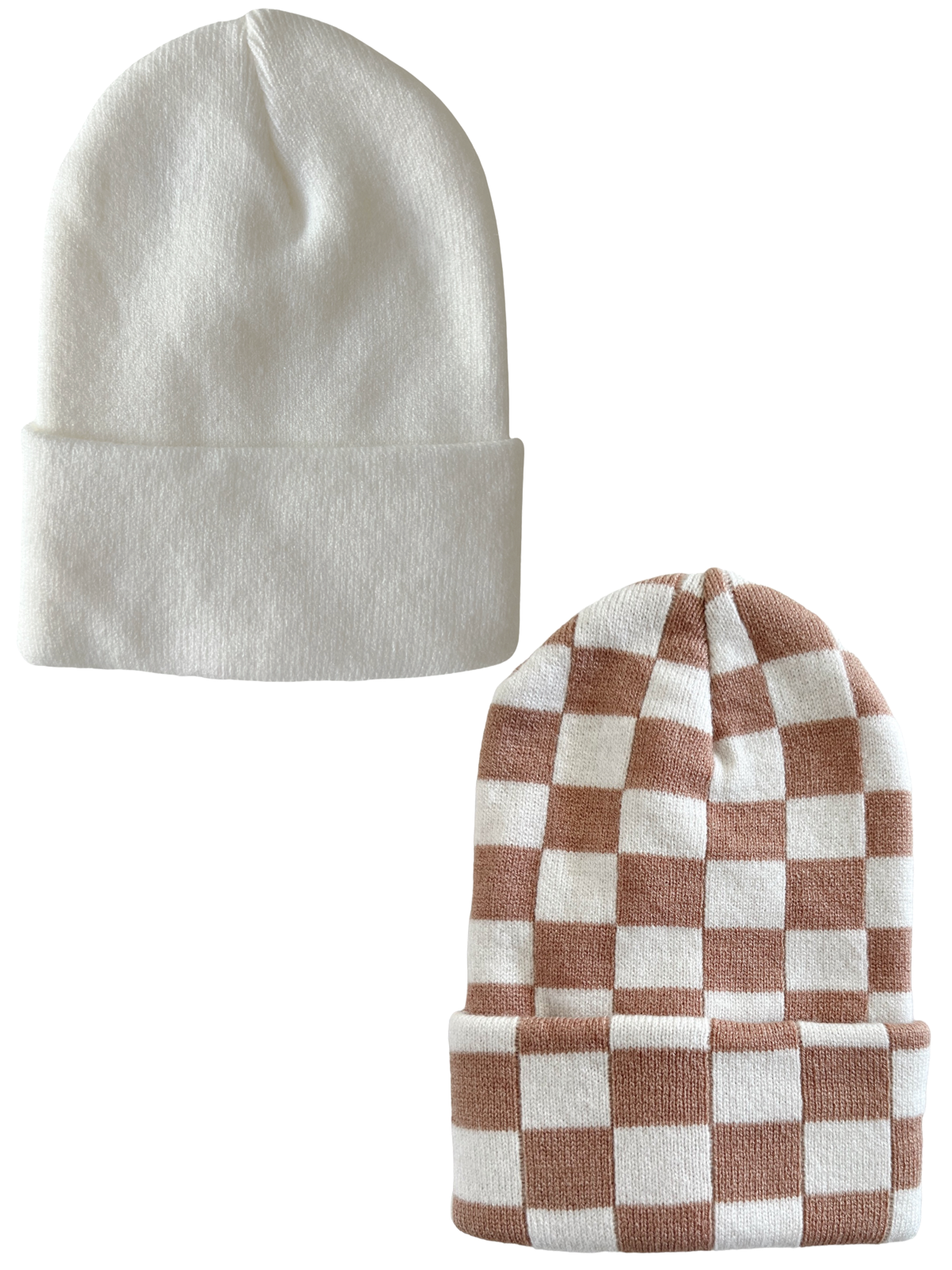Two beanies: one plain white and another with a brown and white checkered pattern.