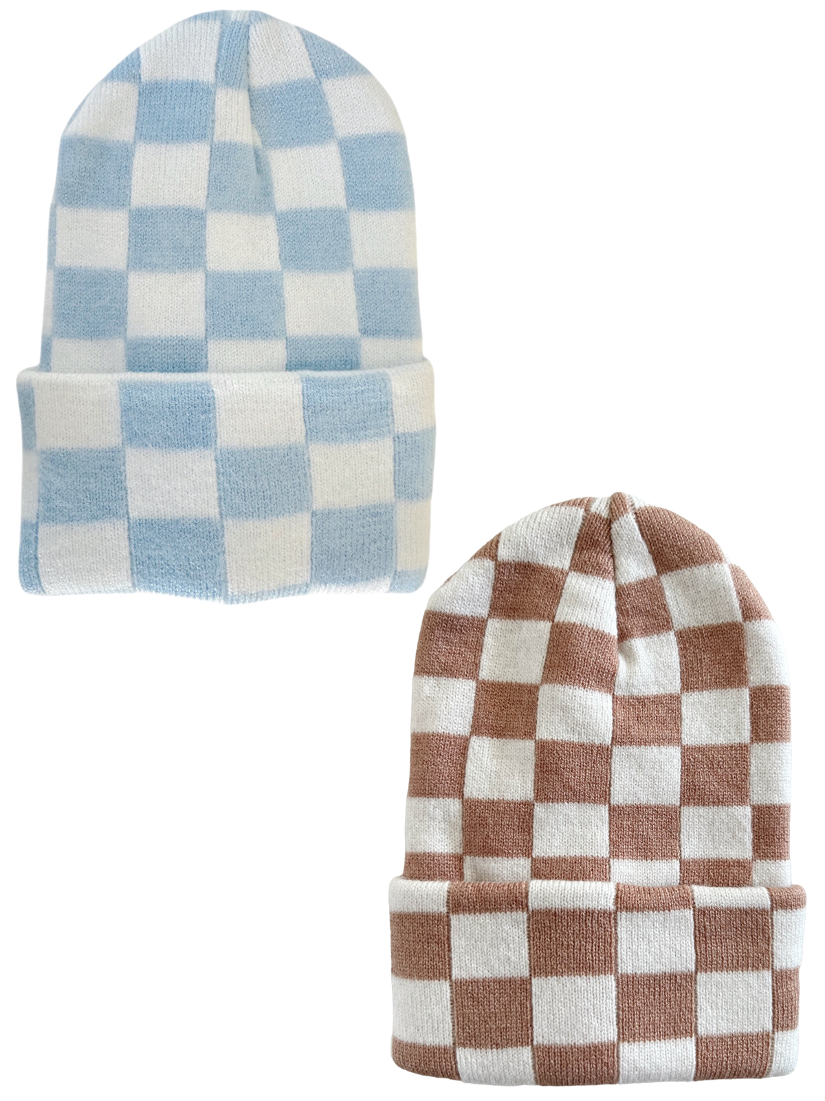 Two knit beanies: one in blue and white checkered pattern, the other in brown and white checkered pattern.